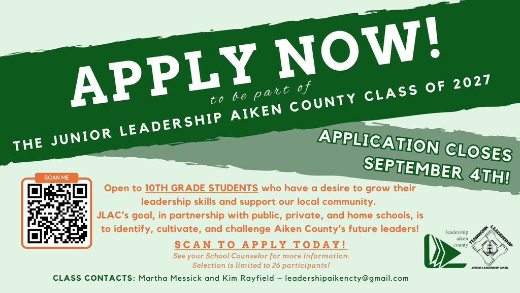 An advertisement for the Junior Leadership Aiken County Class of 2027 with green and white colors, includes a QR code.