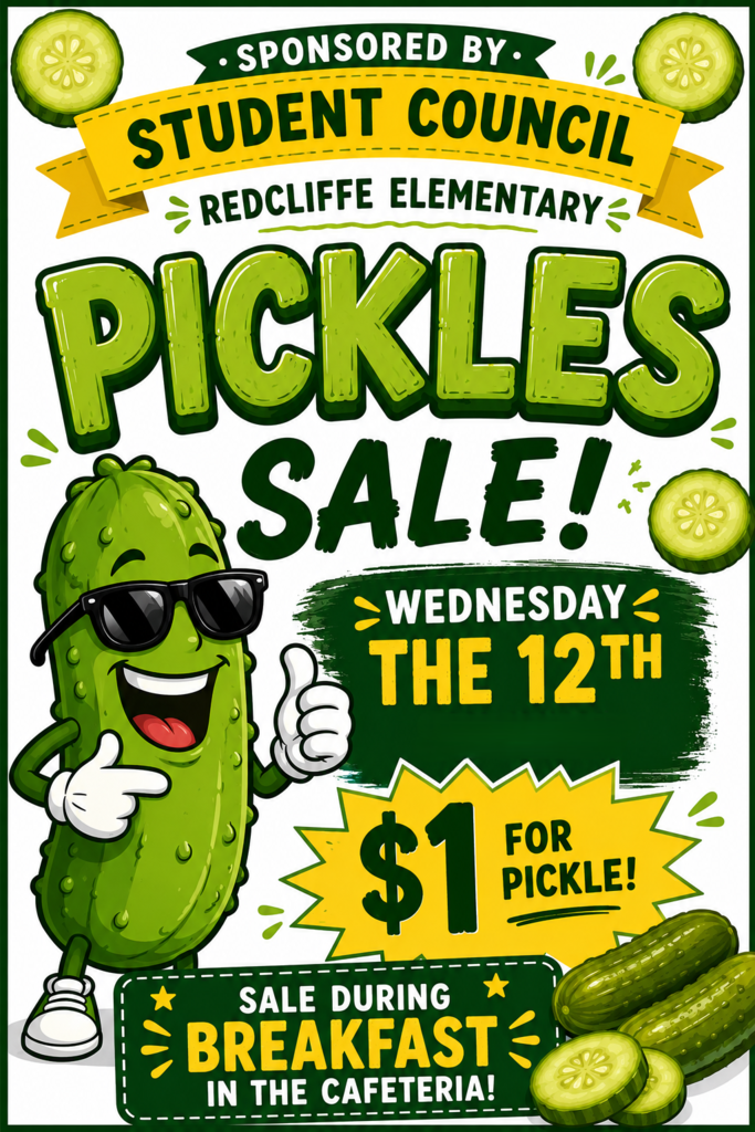 A flyer for a pickle sale shows a smiling pickle character with sunglasses. Text reads "Pickles Sale! Wednesday the 12th, $1 for each pickle."
