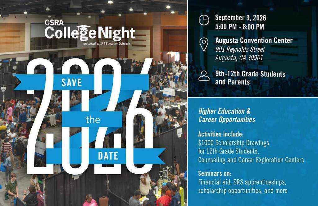 Advertisement for CSRA College Night on September 2, 2020, featuring a busy hall with attendees.