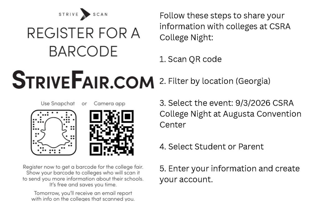 Instruction sheet for scanning a barcode to share information with colleges. QR code, steps to follow, and a website.