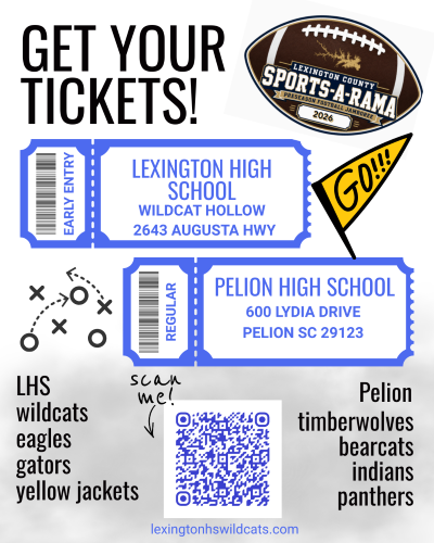 A ticket advertisement for Lexington High School and Pelion High School football games with logos and team names.