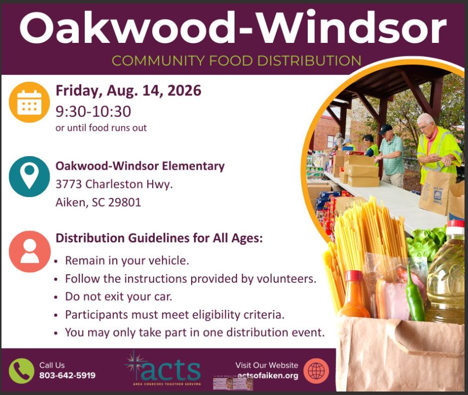 Flyer for food distribution on Friday, August 14th from 9:30 to 10:30 or until food runs out pick up at Oakwood-Windsor Elementary School.