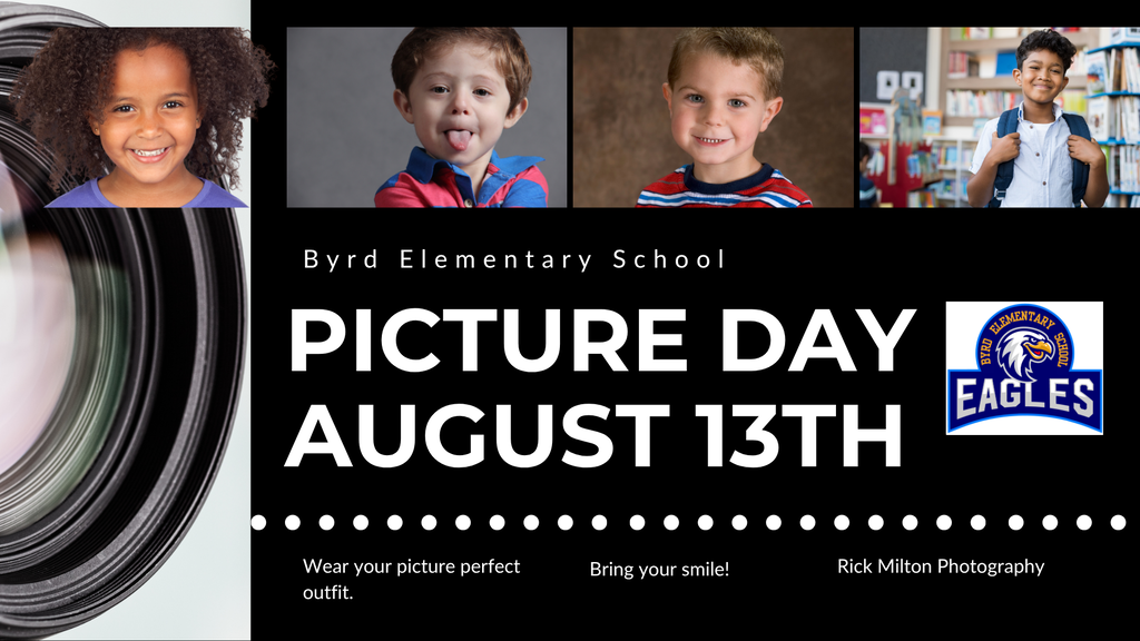 A collage of four smiling children with text overlaying. The bottom text reads "Picture Day August 13th".