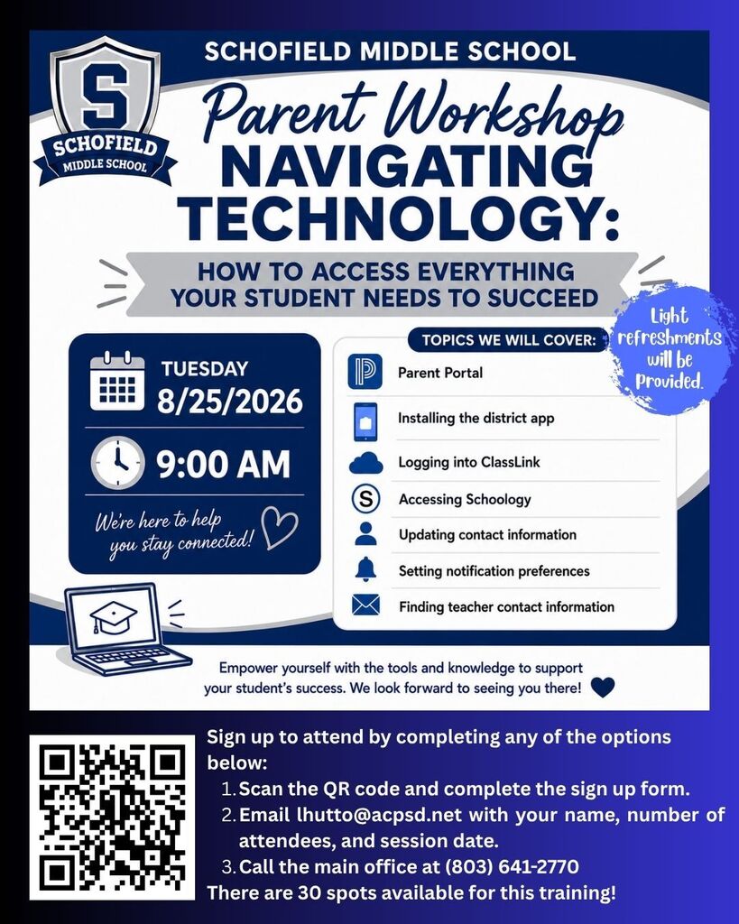 Flyer with a blue and white background containing a picture of a laptop