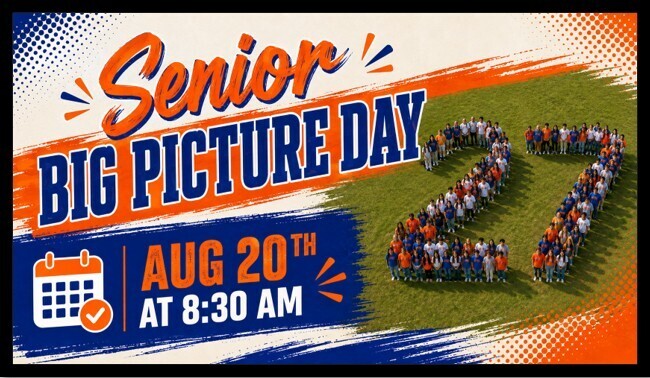 An advertisement for Senior Big Picture Day, showing a crowd forming a number 27 on a green field.