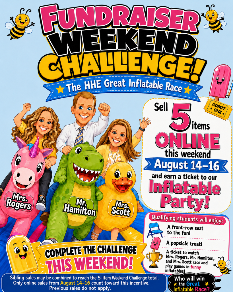 Advertisement poster with people and inflatables. Challenge involves selling 5 items online from August 14-16.