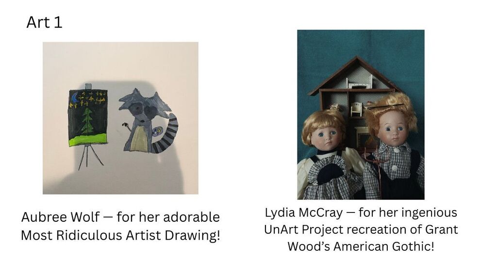 Two artworks shown. First, a silhouette of a cat with a paintbrush. Second, a doll standing before a house.