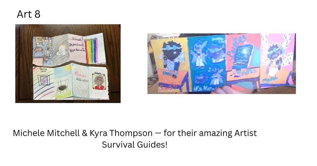Two images of hand-made books displayed. The left shows a colorful book with drawings and writings. The right shows multiple colorful books with illustrations.
