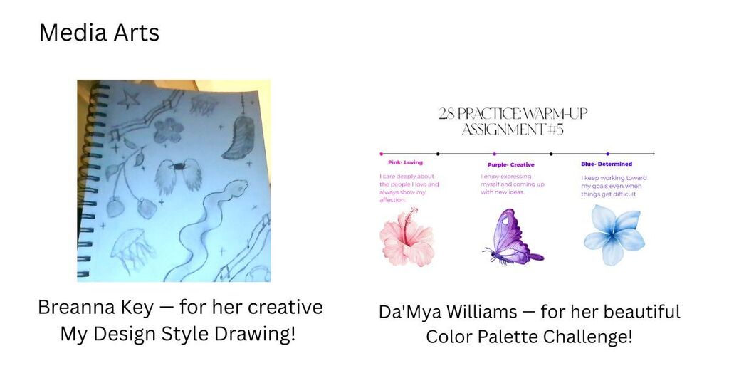 A collage displays two artworks. Left: a notebook with a blue floral design. Right: three butterfly designs in pink, purple, and blue.