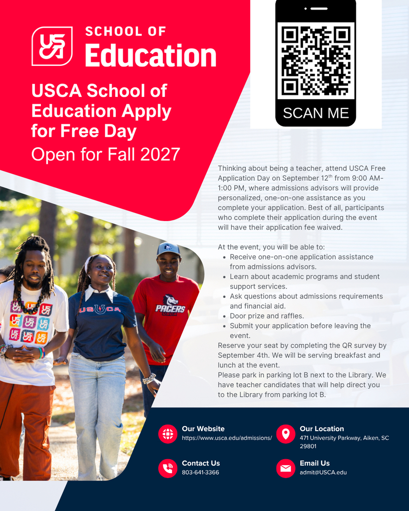 A flyer invites participants to a free day at the USC School of Education. Four students in casual clothes walk on a path.