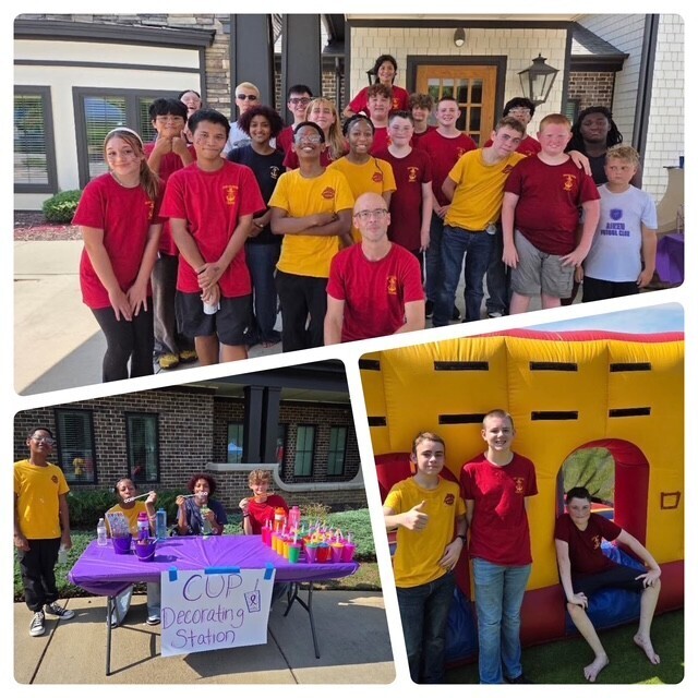 A collage of photos that shows NJROTC cadets volunteering for the Purple Sneaker Kick-Off; the top photo is a group shot of all of the cadet volunteers. The bottom left photo are four cadets manning a booth and blowing bubbles. The bottom right picture are three cadets in front of a bouncy house.