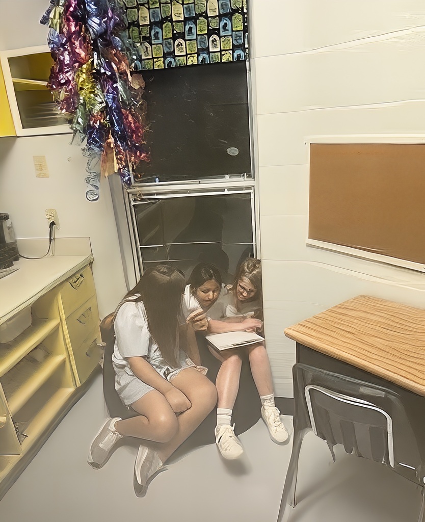 Three students in a classroom, one reading and two looking at her, with a window, desk, and shelves in the background.