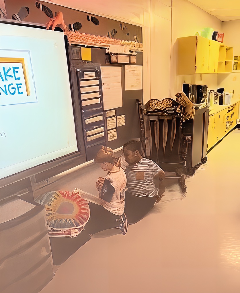 Two children sit on the floor in front of a large screen with "AKE ANGE" displayed. Nearby is a yellow cabinet.