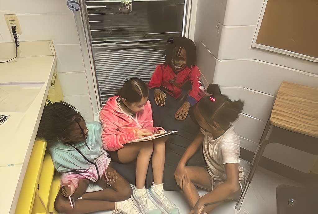 Four children sit on a cushioned floor, one holding a book, near a white wall and glass door.
