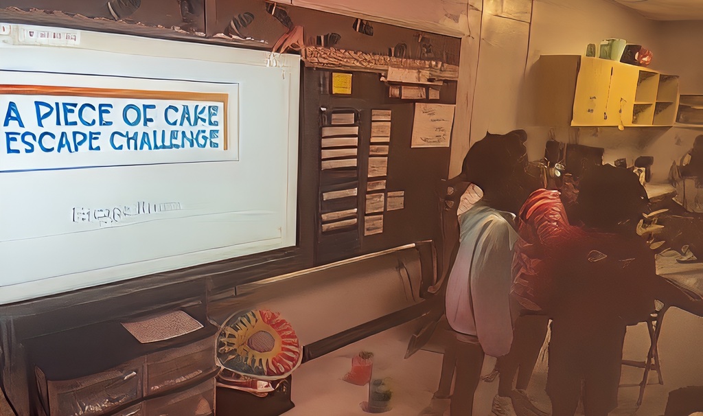 A classroom with a monitor displaying "A Piece of Cake Escape Challenge." Students are gathered around it.