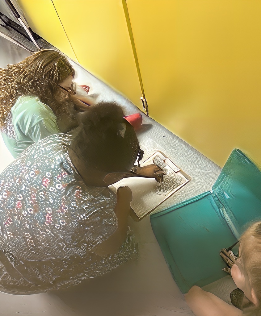 Three individuals are bent over a desk with papers and a green storage box. Two wear glasses.