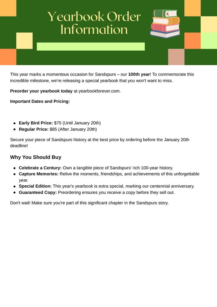 Document with title "Yearbook Order Information" and green background. Lists early bird price, regular price, and reasons to buy.