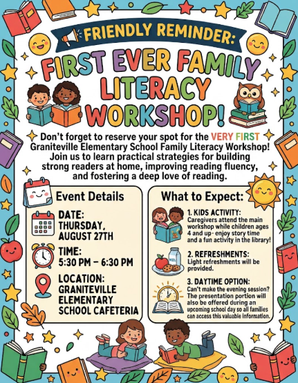 Bright poster with children reading books, stars, and leaves. Text reads: "Friendly Reminder: First Ever Family Literacy Workshop." Details include date, time, location, and activities.