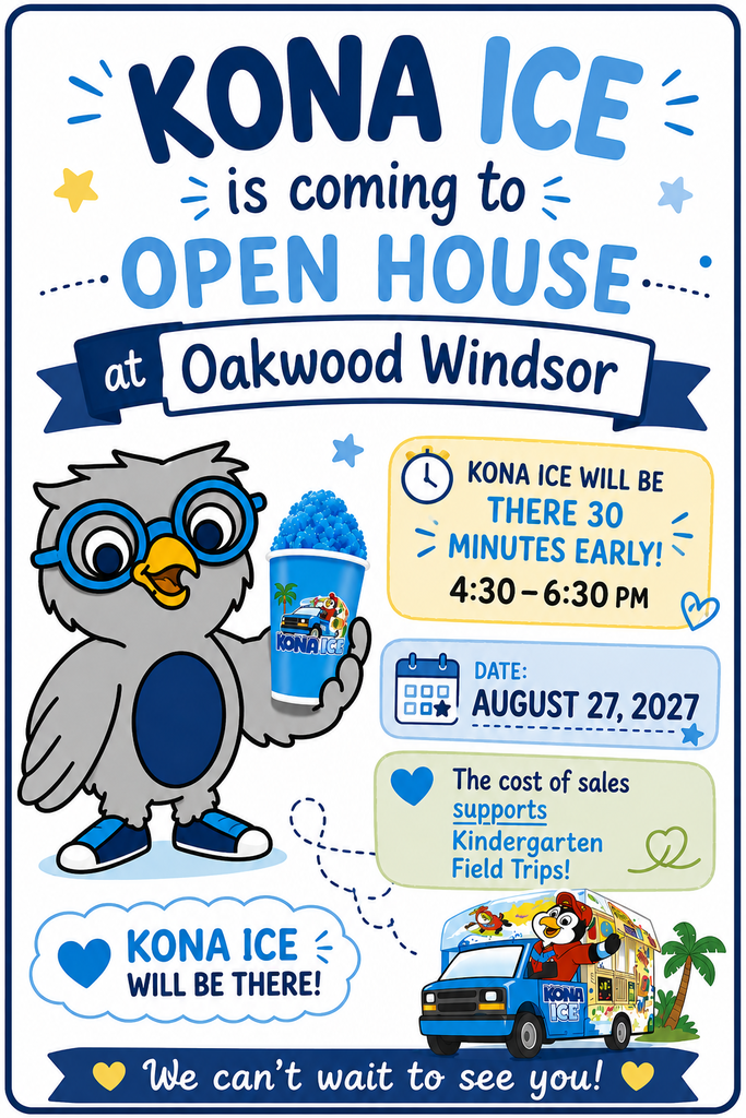 An advertisement for Kona Ice's Open House at Oakwood Windsor on August 27, 2027. An owl holds a cup.