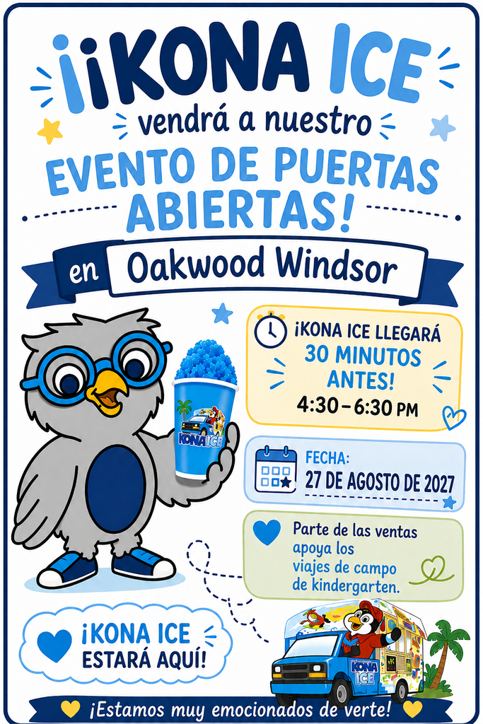 Poster promoting iKONA ICE event at Oakwood Windsor. Features an owl holding a drink, with text in blue and white.
