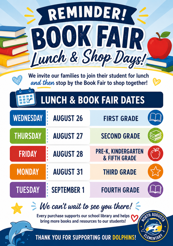 A flyer includes a schedule of lunch and book fair dates for grades one through five. The title reads "Book Fair Lunch & Shop Days".