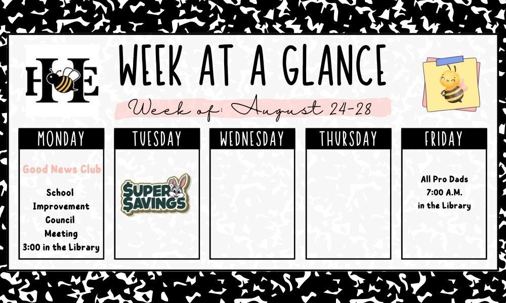 White grid with "Week at a Glance" in black. It has a bee, black text, and a black and white dotted pattern.