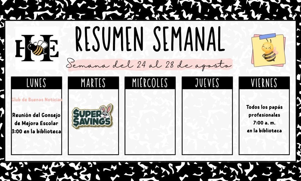 A weekly summary with a dotted black and white background, labeled "Resumen Semanal" for dates 24 to 28.