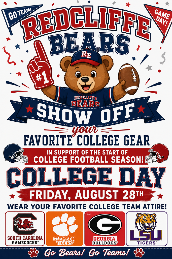 Advertisement poster with a bear mascot, school logos, and a banner reading "College Football Day". It invites people to wear favorite college gear.