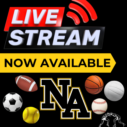 Sports-themed graphic with "Live Stream Now Available" text. Various sports equipment around a letter "N". Black background.