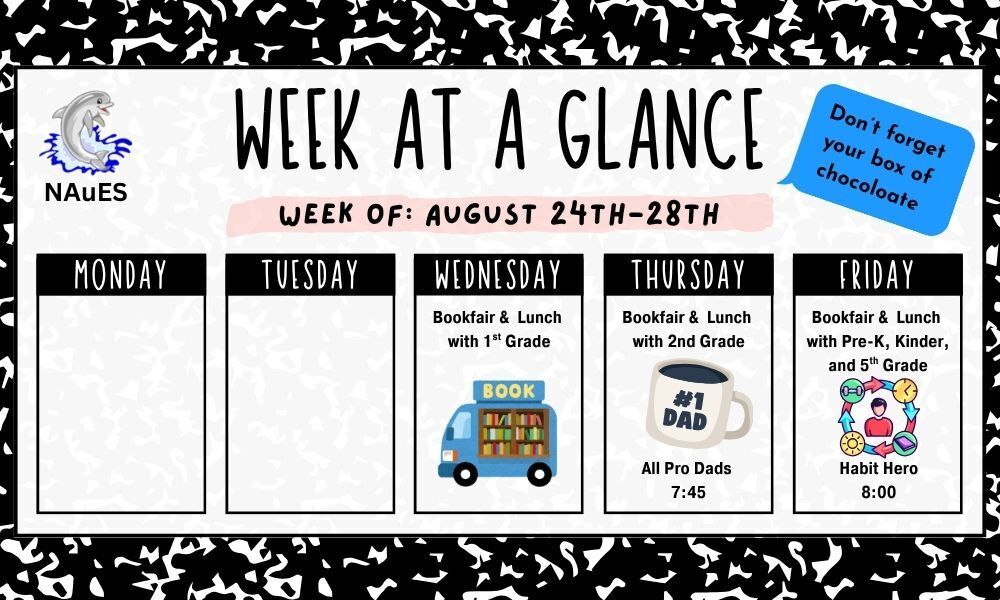 A planner shows days of the week, events, and times, with blue and black colors and a black-and-white background.