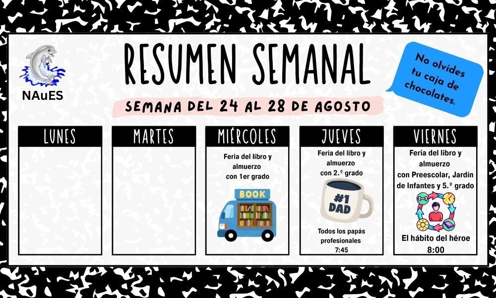 Black and white patterned background with a weekly summary. Days listed: Monday, Tuesday, Wednesday, Thursday, Friday. Each day has a different activity icon.
