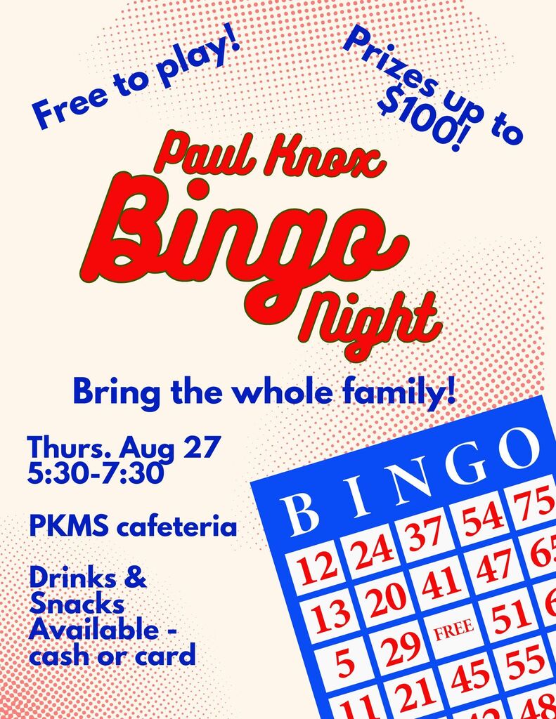 A poster advertises a bingo night with a bingo card displayed. It includes "Paul Knec Bingo Night", date, and time.