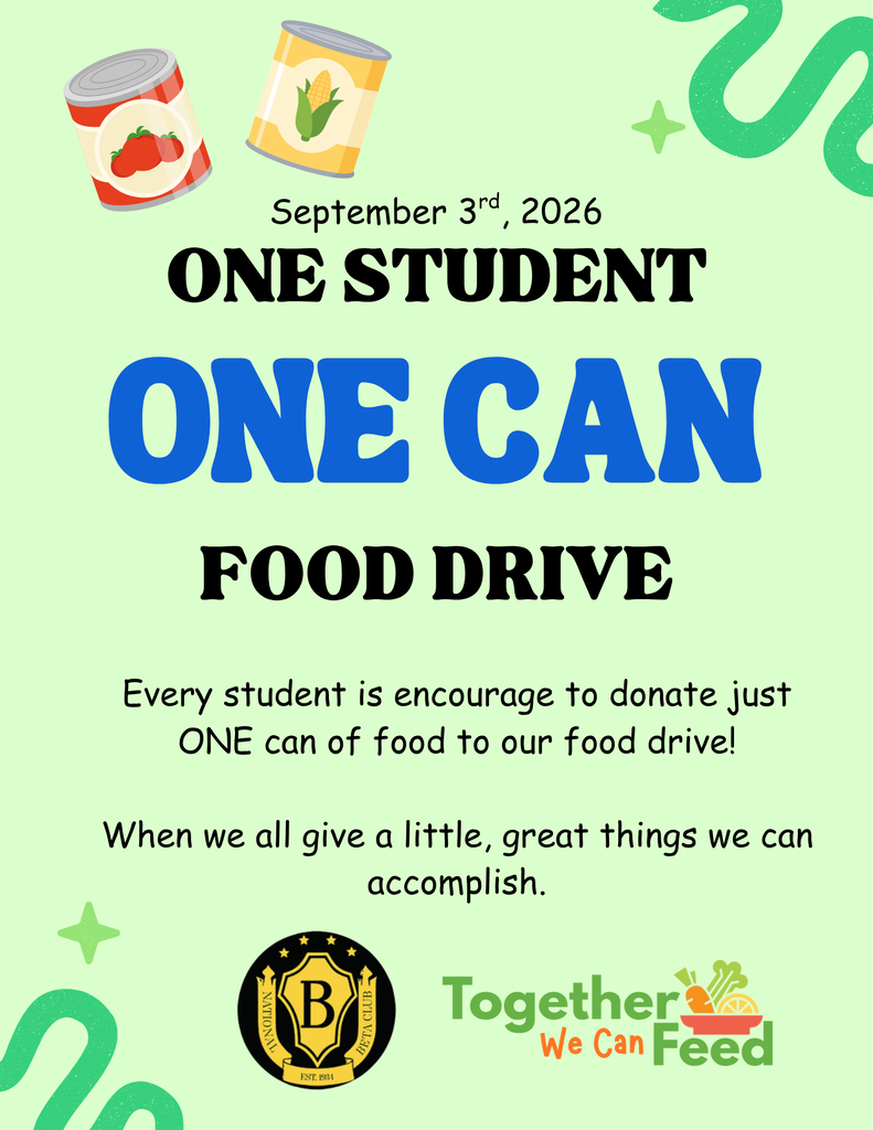 A poster with a green background has a food drive message. It includes a can of food and stars.