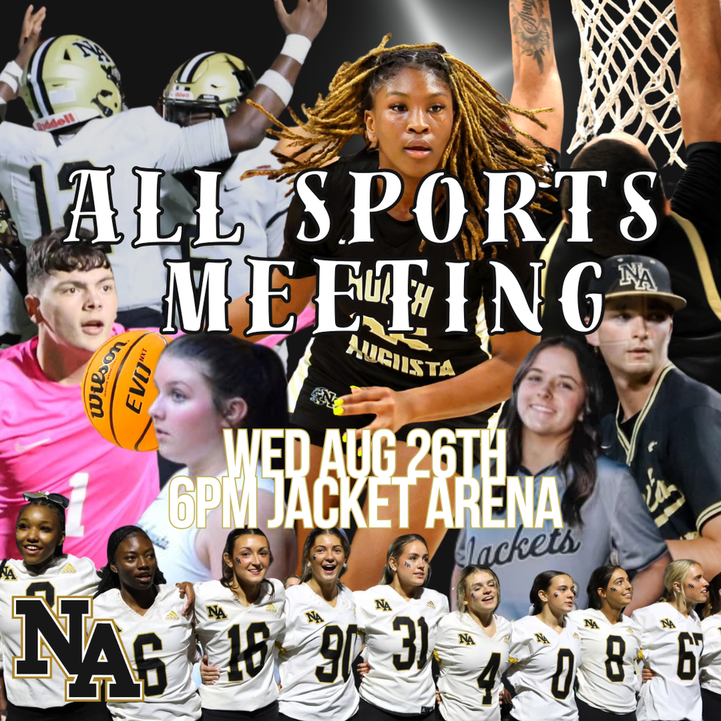 Poster for the All Sports Meeting at Jacket Arena, August 26th at 6 pm.