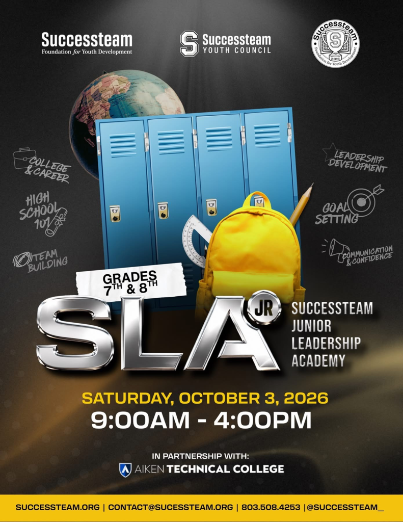 Poster with blue lockers, a globe, a yellow backpack, and the text "SLA Jr. Leadership Academy" above.