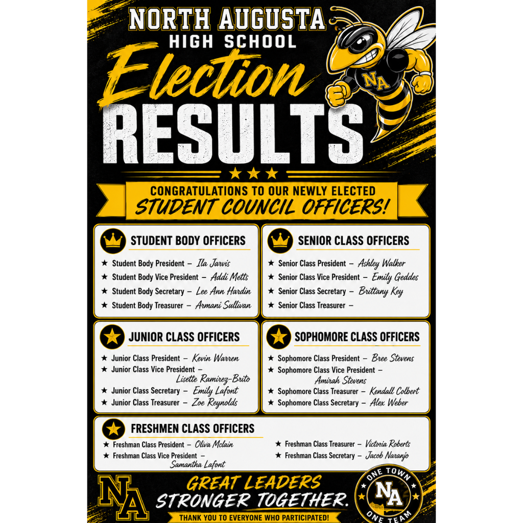 Black and yellow poster announces "Election Results" for North Augusta High School. Names of student council officers appear in categories.