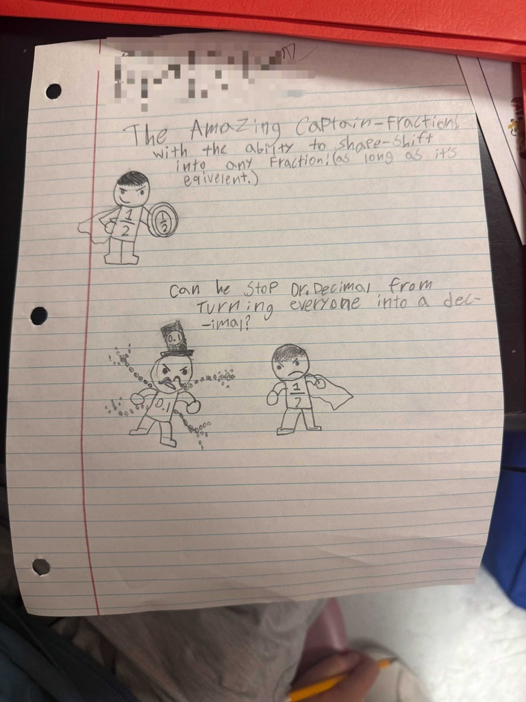 Handwritten text and drawings on lined paper. Text discusses "Amazing Captain-Fractions" and includes illustrations of figures with hats and capes.