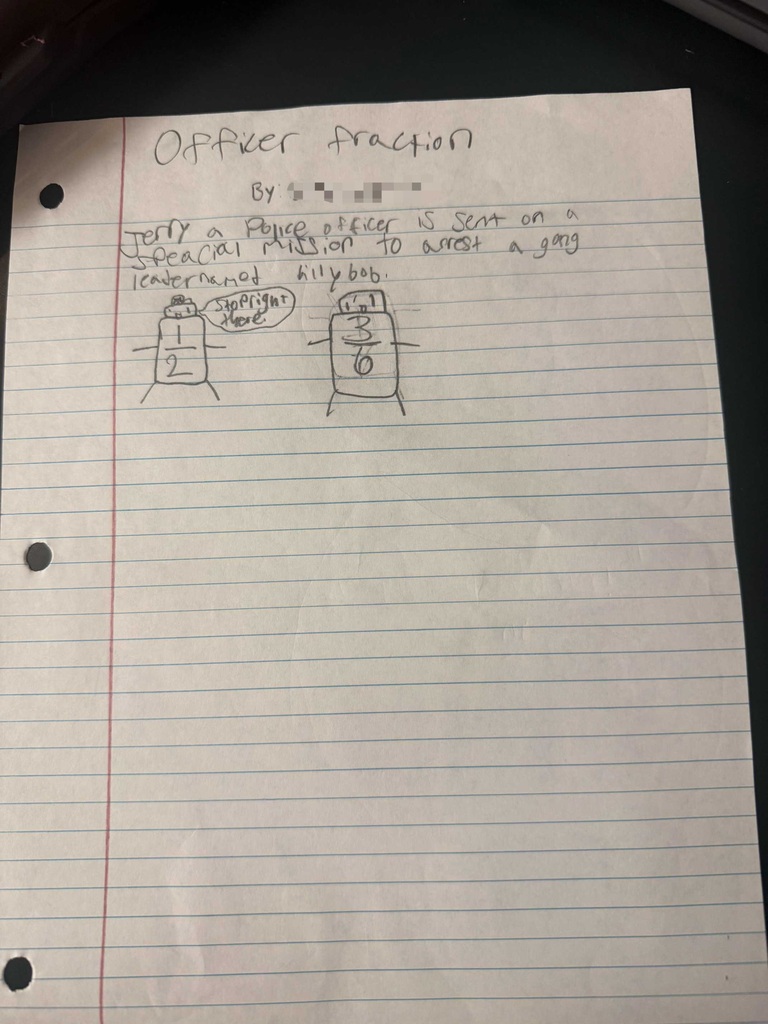 A page from a notebook displays text and a simple diagram with two figures. The text reads "Officer fraction" and "By 3".