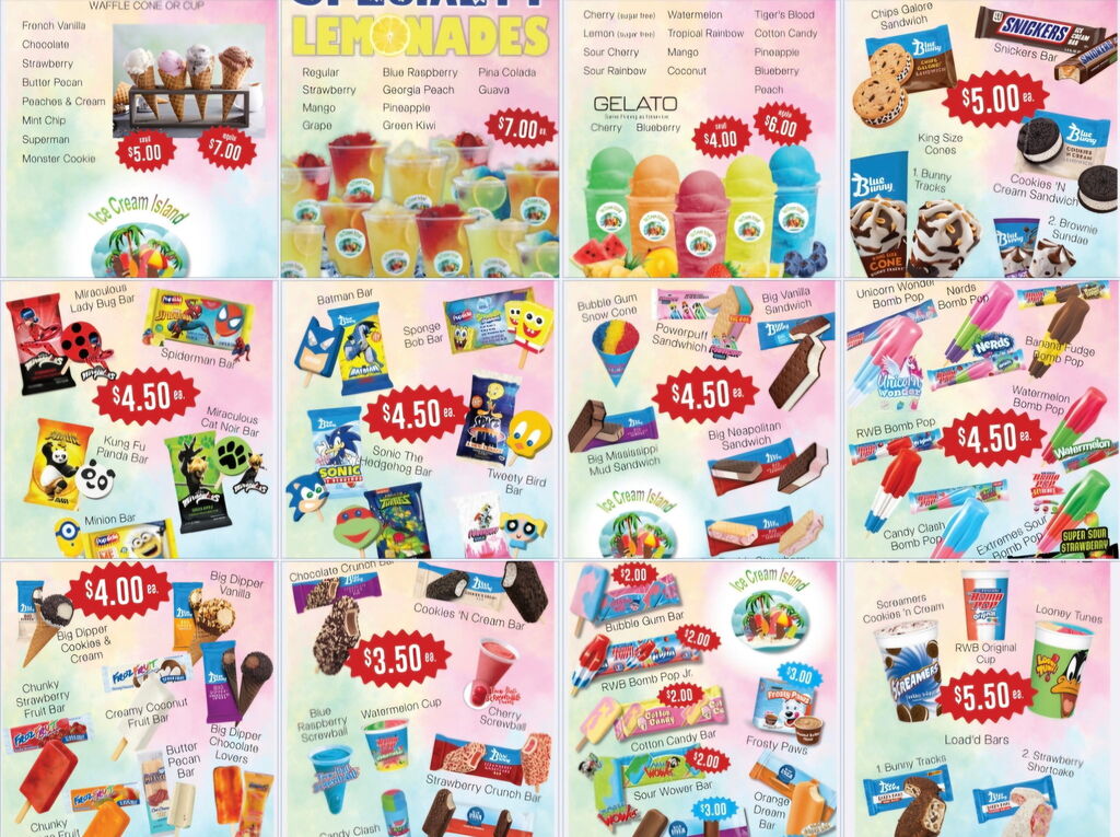 An image shows a selection of products with various ice cream and candy options, each with a price tag.