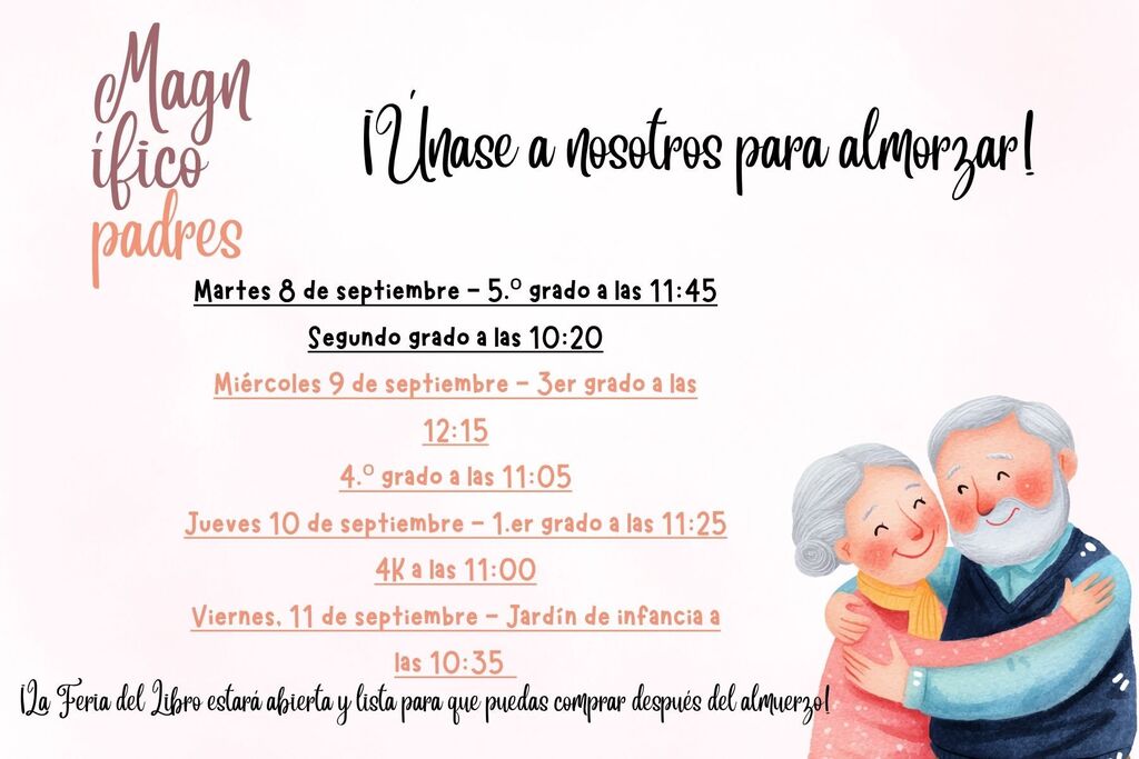 A poster with a couple embracing. Text reads "Magníficos padres" and lists times for events.