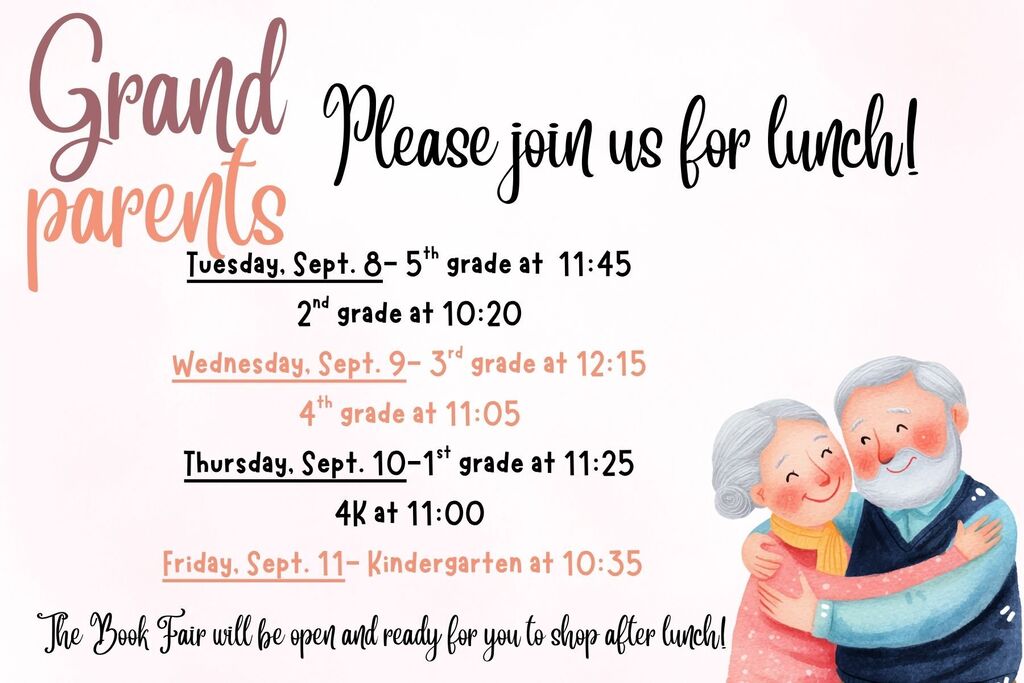 Invitation for grandparents' lunch with an elderly couple hugging. Schedules for grades 2-5 on Tuesdays and Wednesdays, and 4-6 on Thursdays.