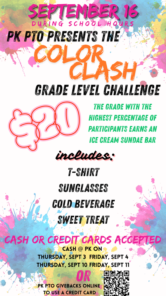 Poster advertises a Color Clash event with multicolored background. Features date, times, and prize details. QR code and payment options included.