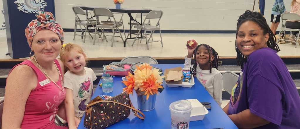 Three women and two young children seated at a blue table with flowers, cups, and food.