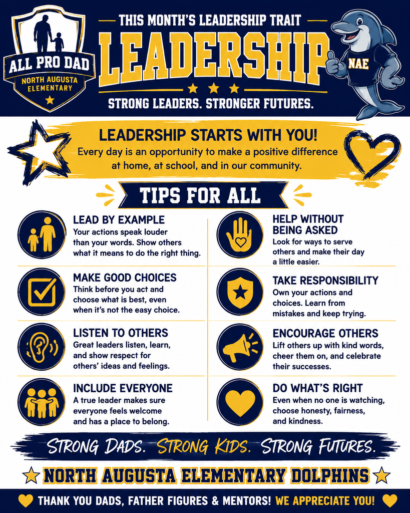 A poster promotes leadership traits for fathers, mentors, and role models with tips and visuals. Background is solid blue.