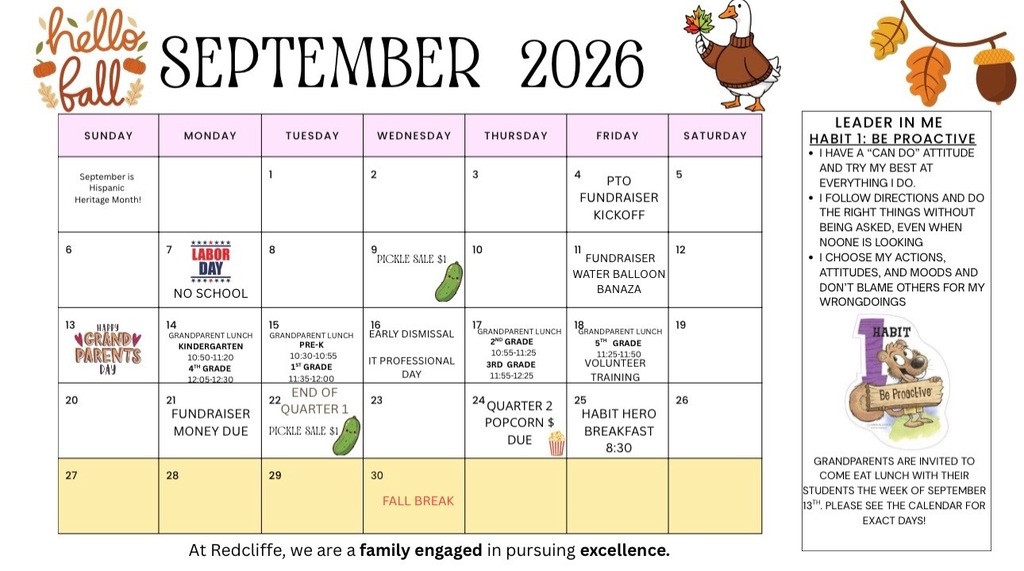 A calendar for September 2026 includes icons for fundraising events, a turkey, leaves, and pumpkins.