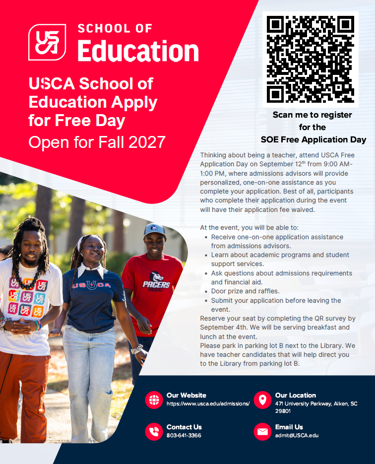 Flyer with red and blue background. Text reads "USCA School of Education Apply for Free Day." Four people in front of trees. QR code at top right.