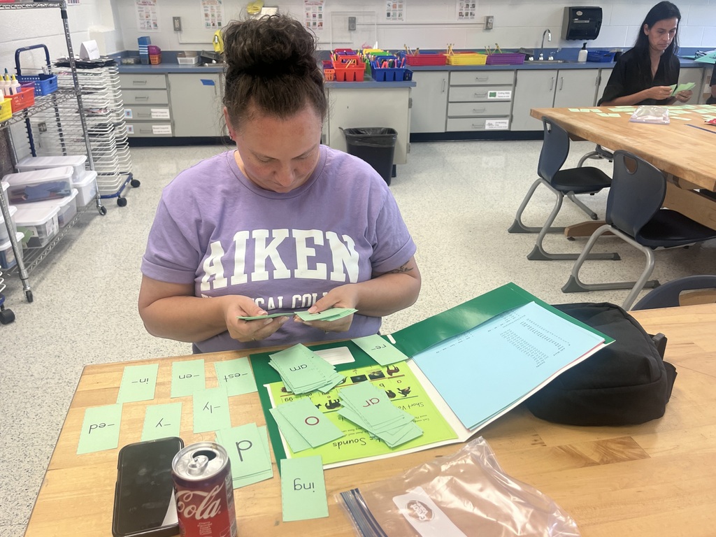 Person in purple shirt seated at a table with papers and plastic containers. A table and person in background.