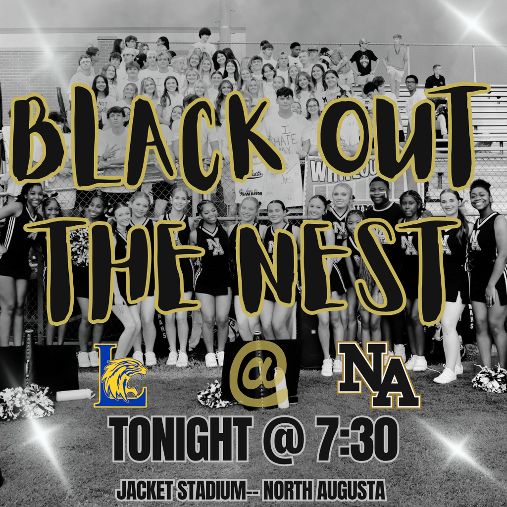 A black-and-white photo shows a large group of cheerleaders and a crowd. The text reads "Black Out the Nest Tonight @ 7:30 Jacket Stadium."