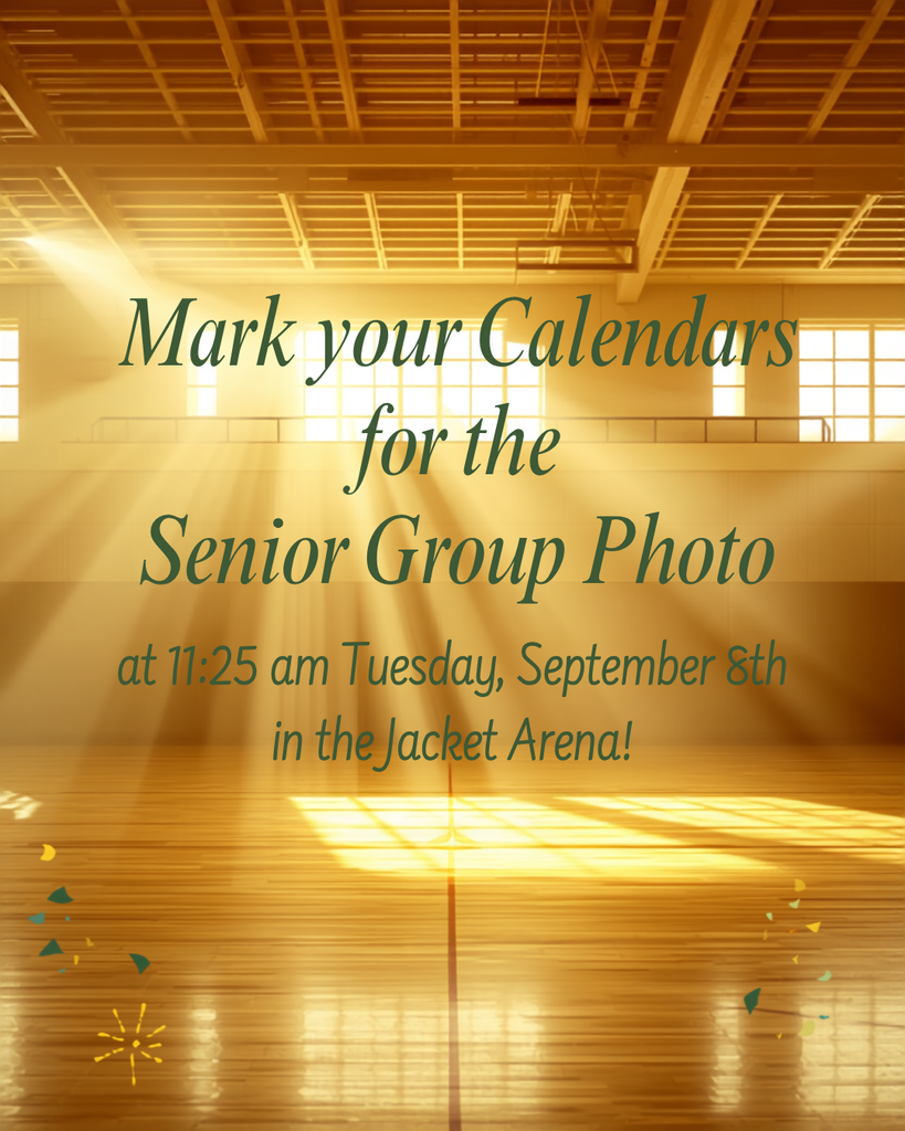 Indoor basketball court with sunlight streaming through windows. A sign reads "Mark your Calendars for the Senior Group Photo".