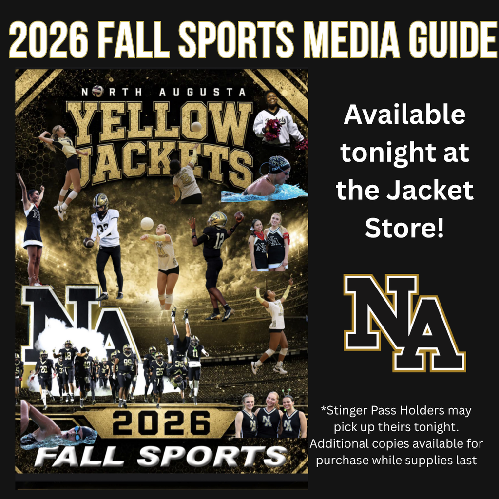 A poster displays athletes in action with "2026 Fall Sports Media Guide" text. "Yellow Jackets" and "North Augusta" are at the top.